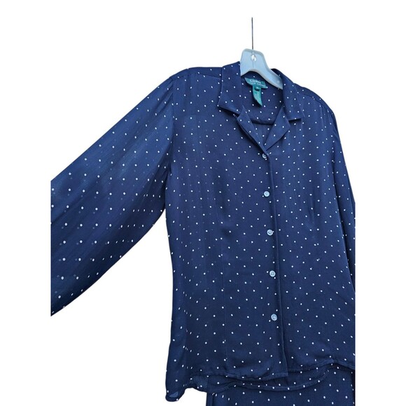 Lauren Ralph Lauren 100% Silk Set Skirt Blouse Top Outfit Navy Polka Dot Size 6 - Picture 8 of 16